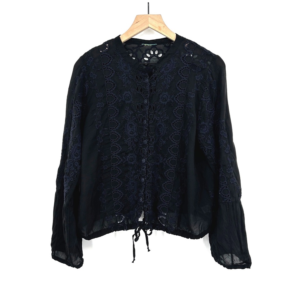 Johnny Was Black Boho Embroidered Button Down Blouse Sz M Hem Tie Dark Romantic